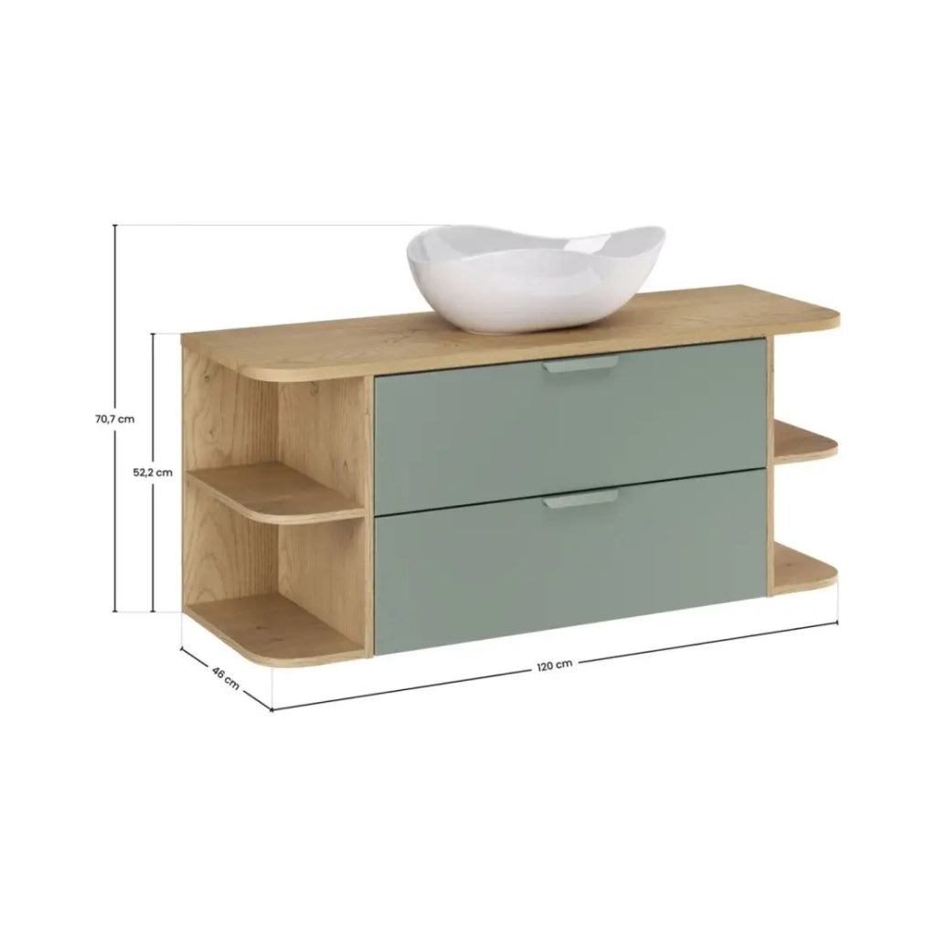 Set OSTER 120cm: mobile sottolavabo con cassetti verde salvia e nicchie a vista + piano per lavabo + lavabo da appoggio bianco