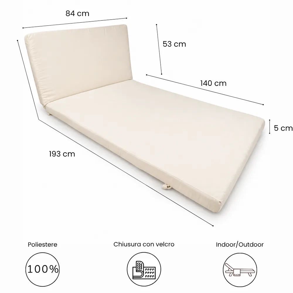 Cuscino per lettino da esterno 193x84 cm con schienale reclinabile e velcro in poliestere – Avorio