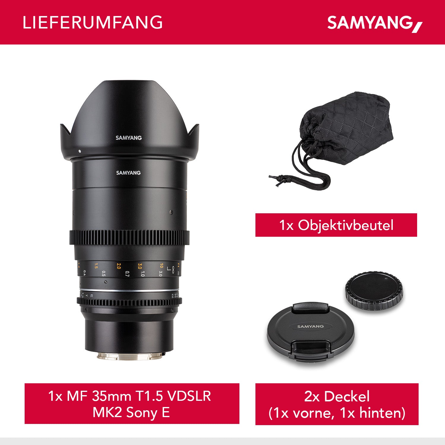 Obiettivo grandangolare per video MF 35mm T1,5 VDSLR MK2 – luminoso T1,5 per Sony E Mount, Follow Focus, full-frame e APS-C, risoluzione 8K