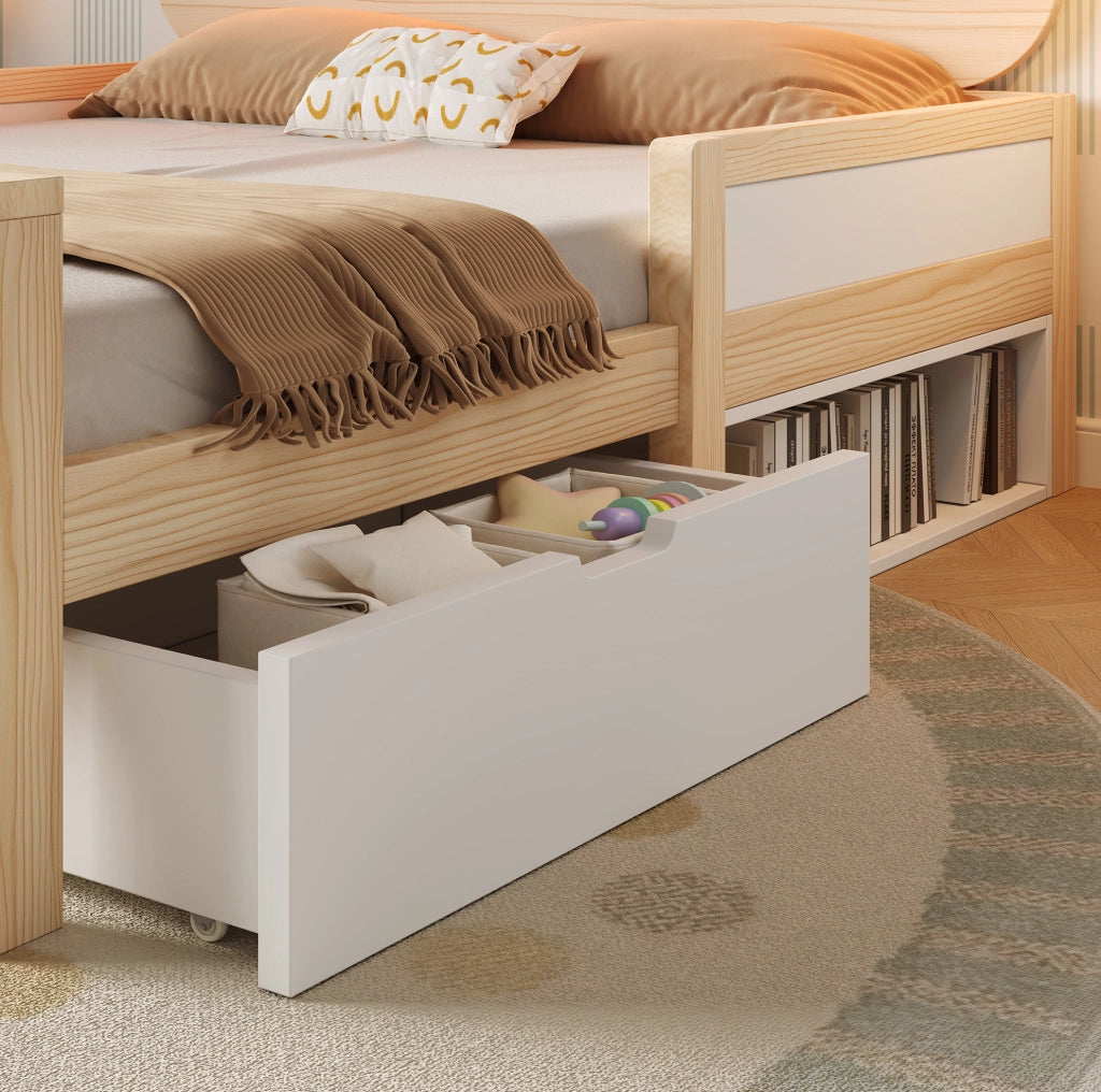 Letto singolo 90x190 cm con testiera a gatto; LED RGB; cassetto e contenitore; bianco e rovere