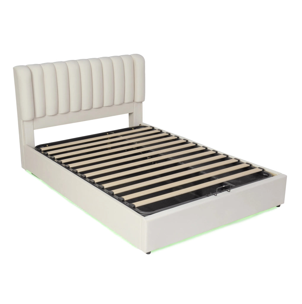 Letto 140x200 cm con contenitore idraulico; 3 cassetti e LED in velluto beige