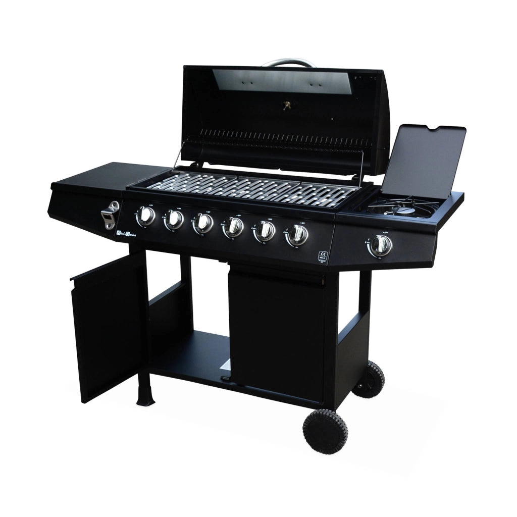 Barbecue a gas con 7 bruciatori di cui 1 laterale, nero
