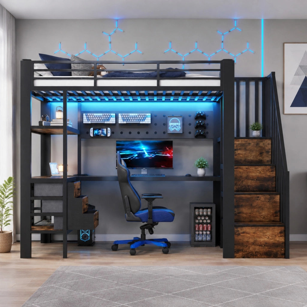 Letto a soppalco 90x200 cm con scrivania, LED e prese