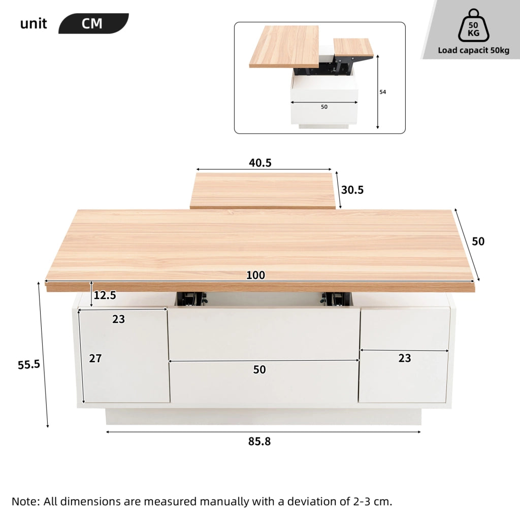 Tavolino da salotto con doppio piano sollevabile e vano contenitore; 100 x 50 x 55;5 cm; bianco e legno