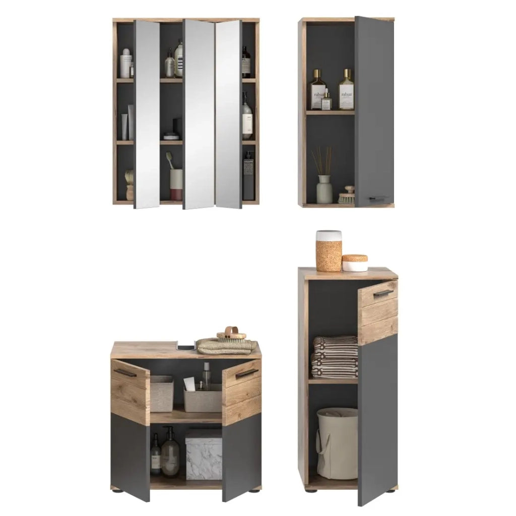 Set da bagno: mobile sotto lavabo + 2 mezze colonne + mobiletto contenitore con specchi – Grigio antracite e rovere