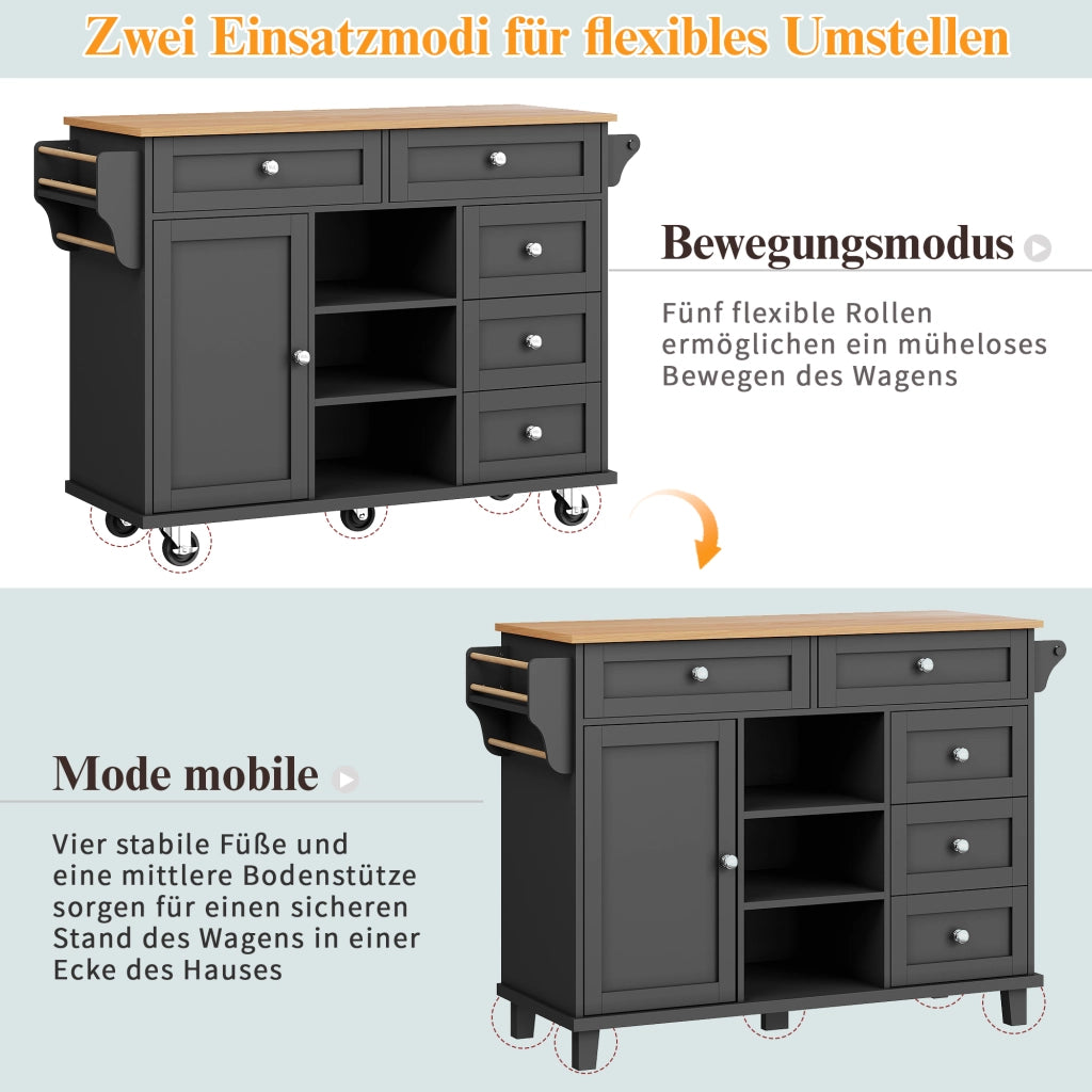 OKWISH Carrello da cucina con 5 cassetti, 1 armadietto, 2 vani, ripiano regolabile e ruote, per cucina, 134×46×92 cm