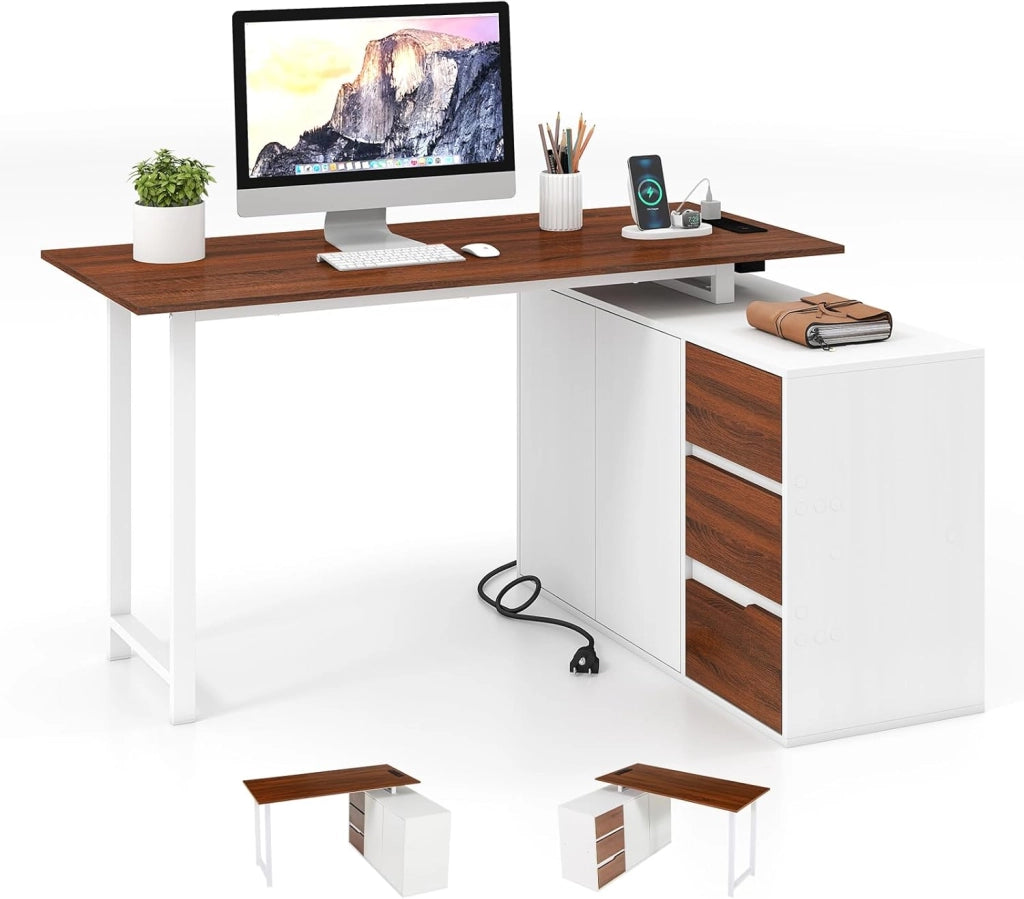 Scrivania da Studio a Forma di L, Scrivania Angolare Reversibile da 138 cm con Armadietto, Cassetti e Stazione di Ricarica (Marrone)