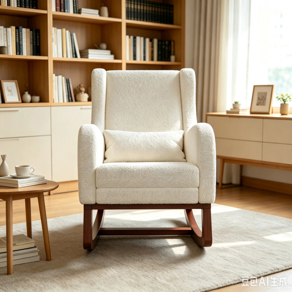 Poltrona relax a dondolo 67x64x99cm con poggiapiedi e tasche sedia a dondolo da interno per allattamento struttura in legno e teddy; bianco