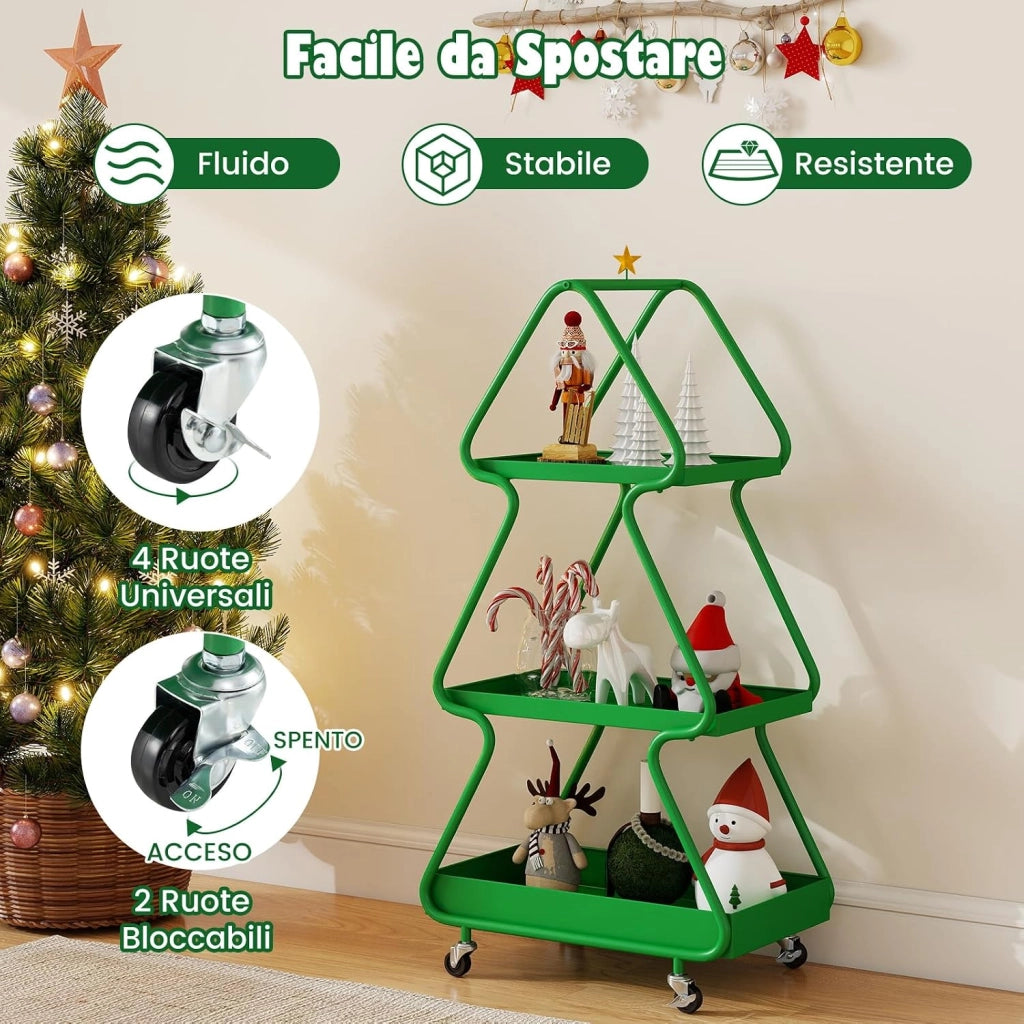 Carrello Natalizio Girevole a 3 Livelli, Carrello Porta Albero di Natale con Stella in Alto, Struttura Metallica con Ruote, per Soggiorno e Camera da Letto