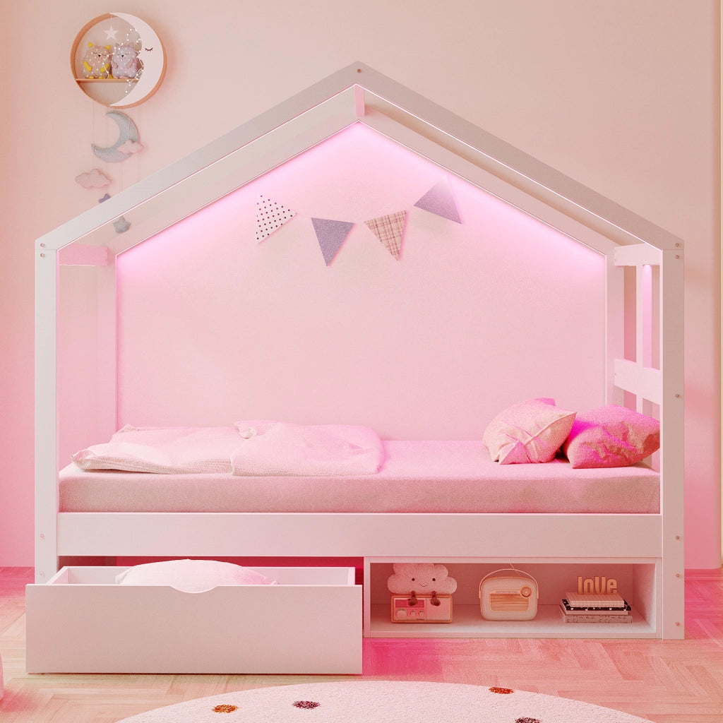 Letto singolo 90 × 190 cm con cassetto portaoggetti, mobile scarpe compatto, LED multicolore, senza materasso, bianco