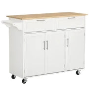 Carrello da Cucina Multiuso in Legno con 2 Cassetti, 3 Antine e 4 Ruote 121x46x91cm - Bianco