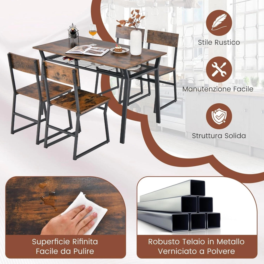 Set da Tavolo e Sedie da Pranzo, Tavolo da Pranzo con 4 Sedie Industriale, Set 5 Pezzi Mobili con Mensola Portaoggetti e Telaio in Metallo, per Cucina Sala da Pranzo, 110 x 70 cm (Marrone)
