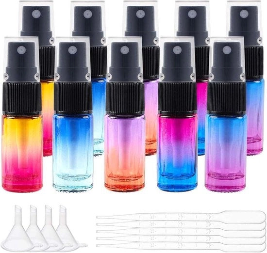 Set di spray a vetro con effetto cromico e protezione contro la polvere - 10 pezzi con diffusore fine, gettoni e contenitori - per dispenser di cosmetici, make-up e profumi