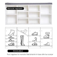 Scarpiera Panchina 8-10 Paia di Scarpe Ripiani Regolabili, Legno, Bianco, 104 x 30 x 48 cm