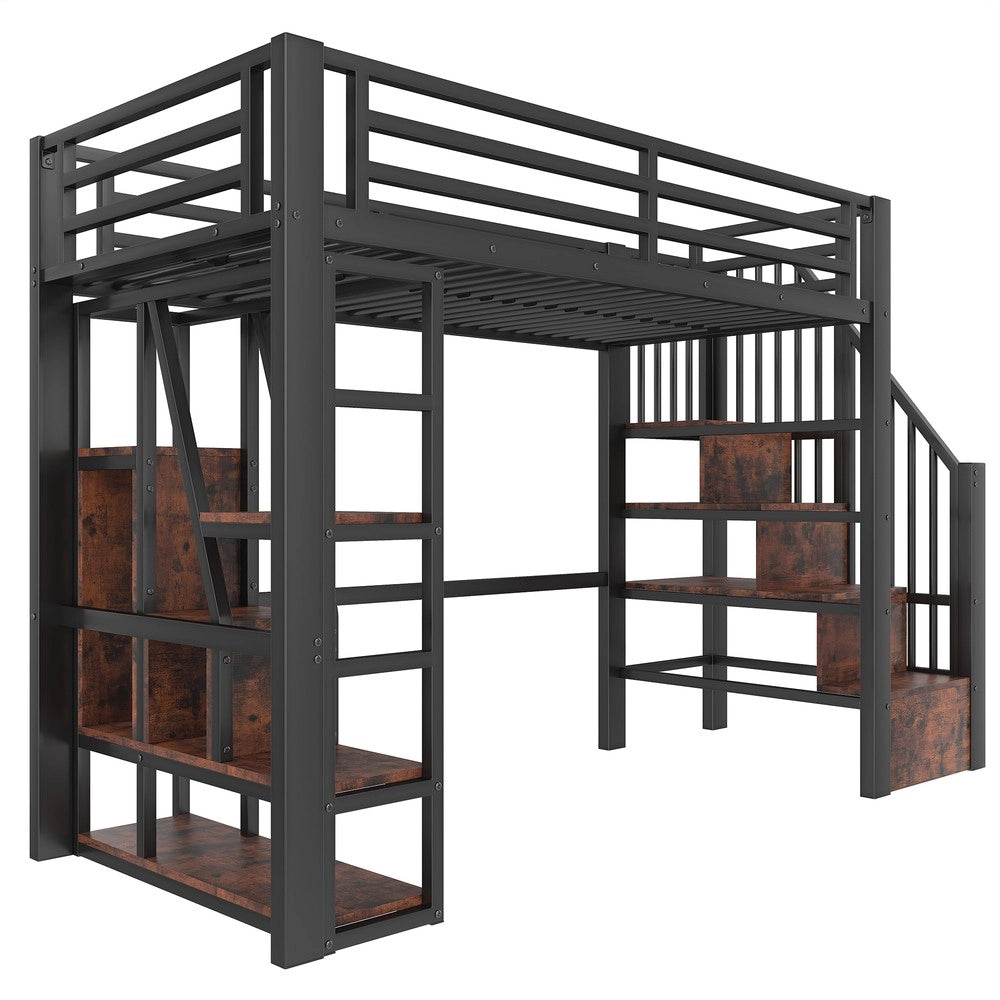 Letto a Soppalco con LED e Scala ¨C Xylo ¨C Metallo Nero 90x200