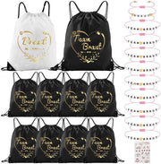 Set di 10 sacchetti per attività fisica con cordini (42 x 33 cm) e 10 armband per donne, 1 adesivo, regalo per il matrimonio, donne, borsa della sposa, zaino, squadra della sposa, set per il matrimonio, sposa, festa, nero