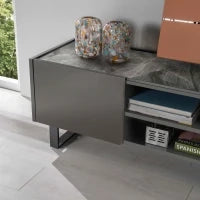 E-STYLO Mobile porta TV moderno con top in ceramica effetto marmo grigio, perfetto per aggiungere stile e funzionalità al tuo soggiorno, 40 cm X 140 cm H. 45 cm