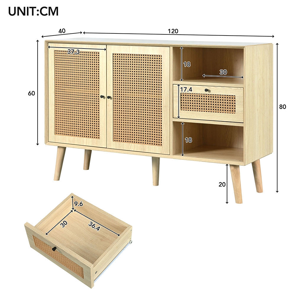 Buffet commode con 1 cassetto e 2 ante magnetiche cannage in rattan sulle ante, ripiani regolabili - Xylo