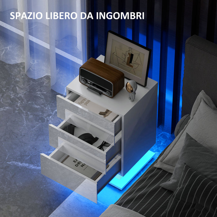 Comodino Moderno a 3 Cassetti con Luce LED 40x35x60 cm Regolabile con Telecomando in Truciolato Bianco Lucido