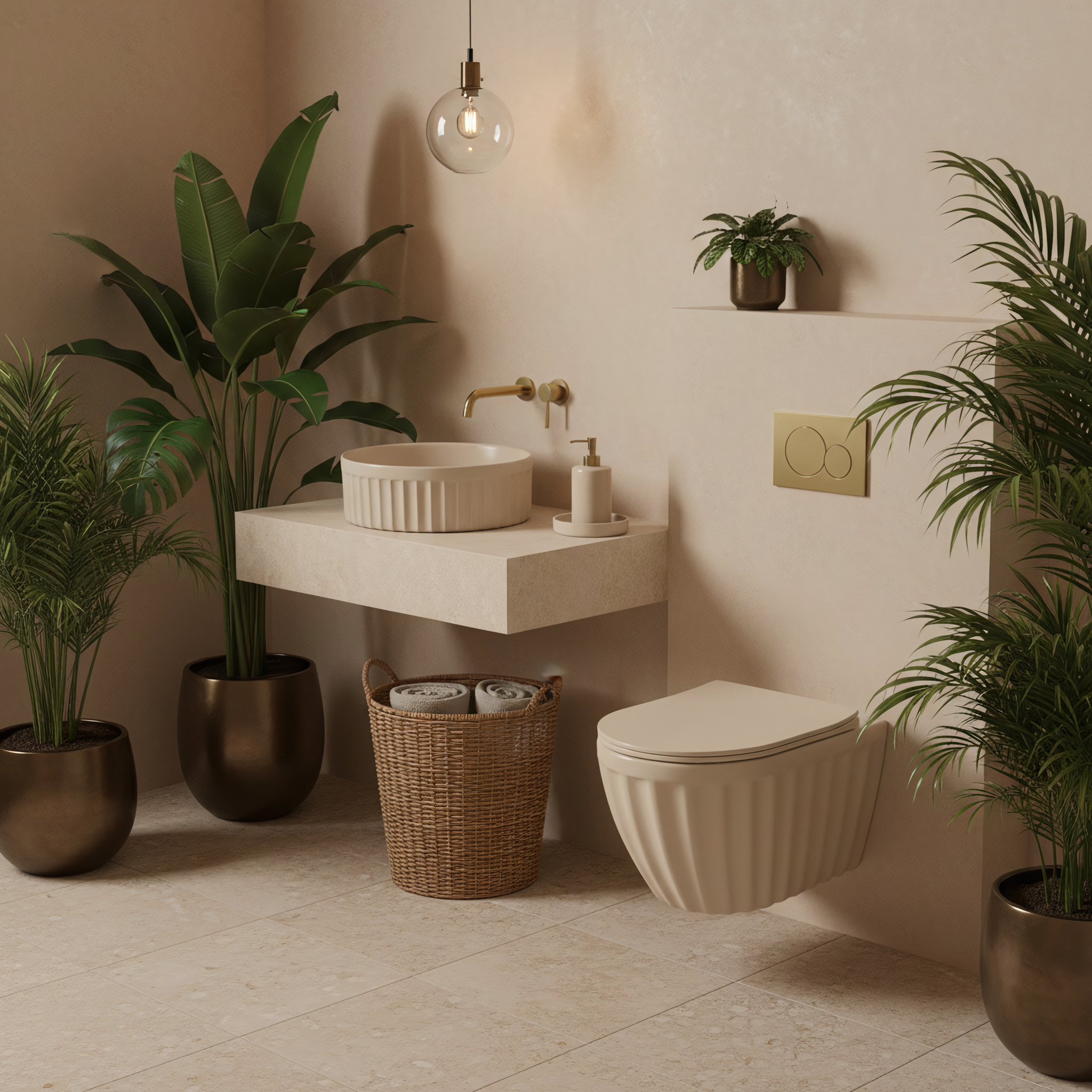 Set: Wc Sospeso + Lavabo Da Appoggio Rea Duo Caffe Latte Matt