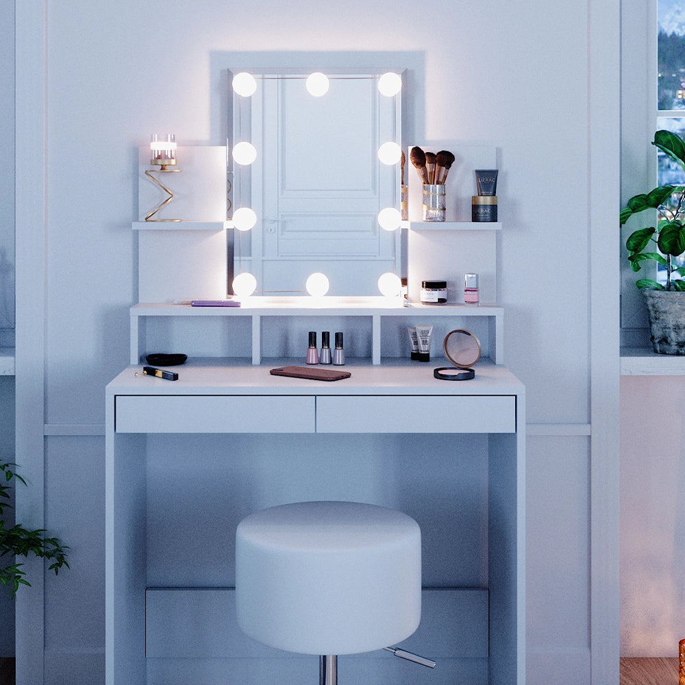 Vicco Tavolo da toeletta Bianco 80 cm con illuminazione LED e sgabello
