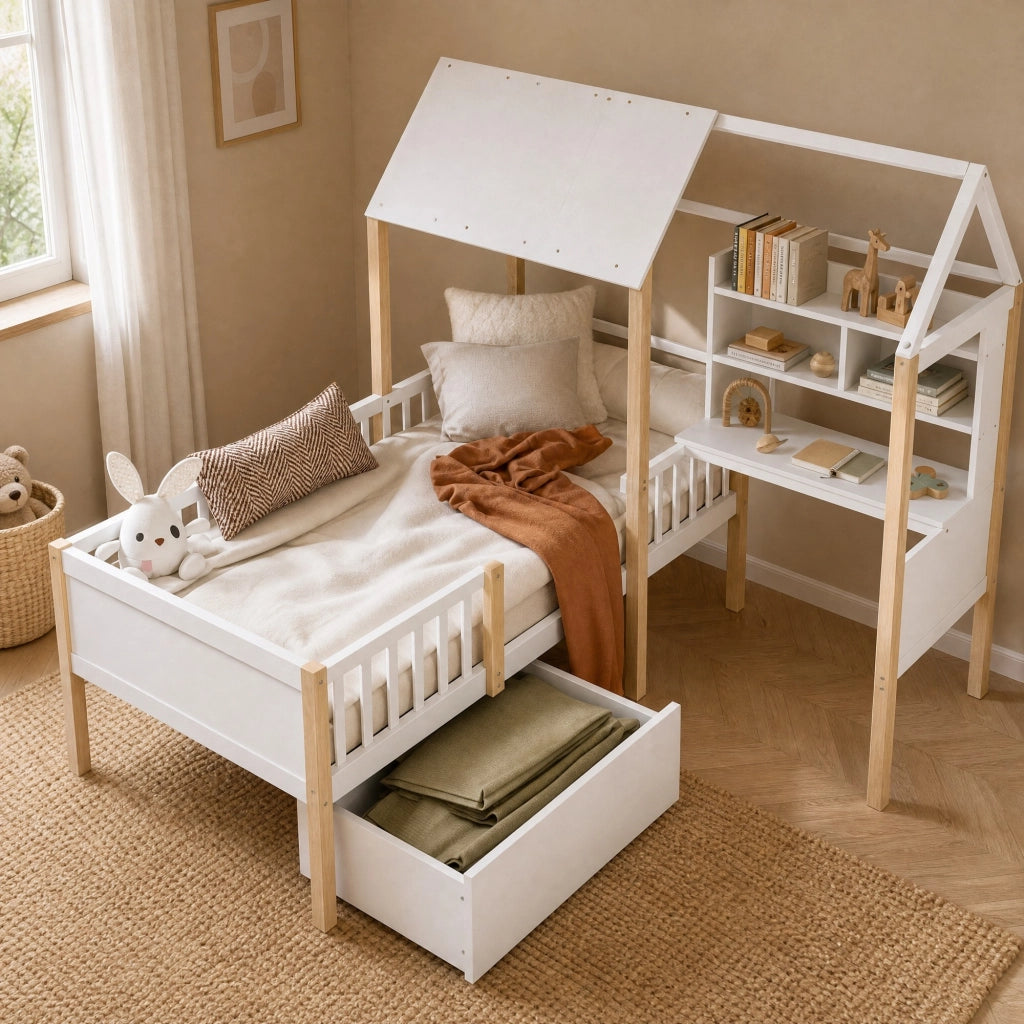 Letto a casetta per bambini 90x200 cm con scrivania; libreria e cassetti; bianco