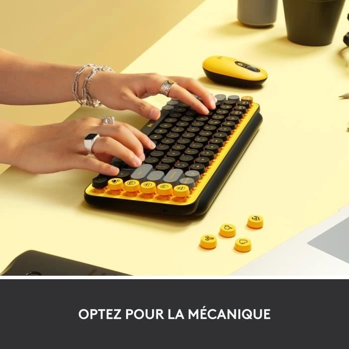 Tastiera wireless Logitech - Tasti POP meccanici con tasti Emoji personalizzabili, Bluetooth o USB, design compatto e durevole - Giallo