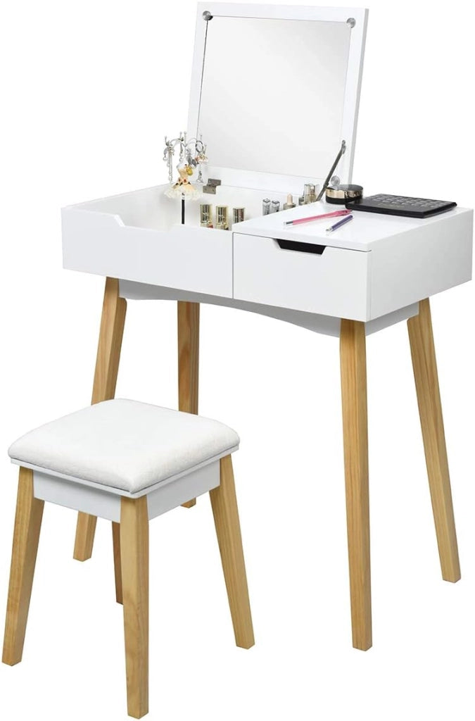 Tavolo da toeletta con sgabello e specchio pieghevole, in legno con cassetto, facile da montare per camera da letto, bagno, bianco