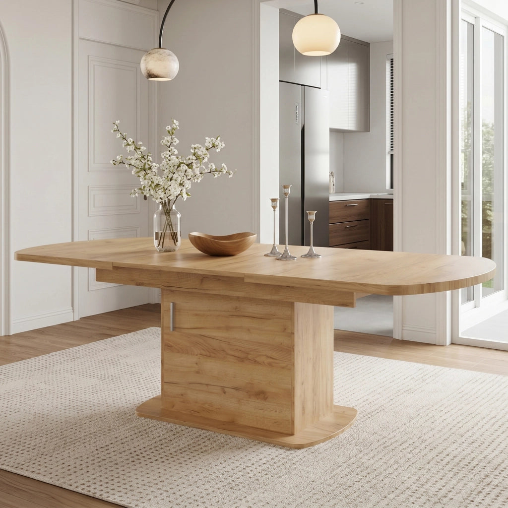 Tavolo da pranzo allungabile ovale con vani contenitore, multifunzione, per cucina e soggiorno, in truciolare, rovere