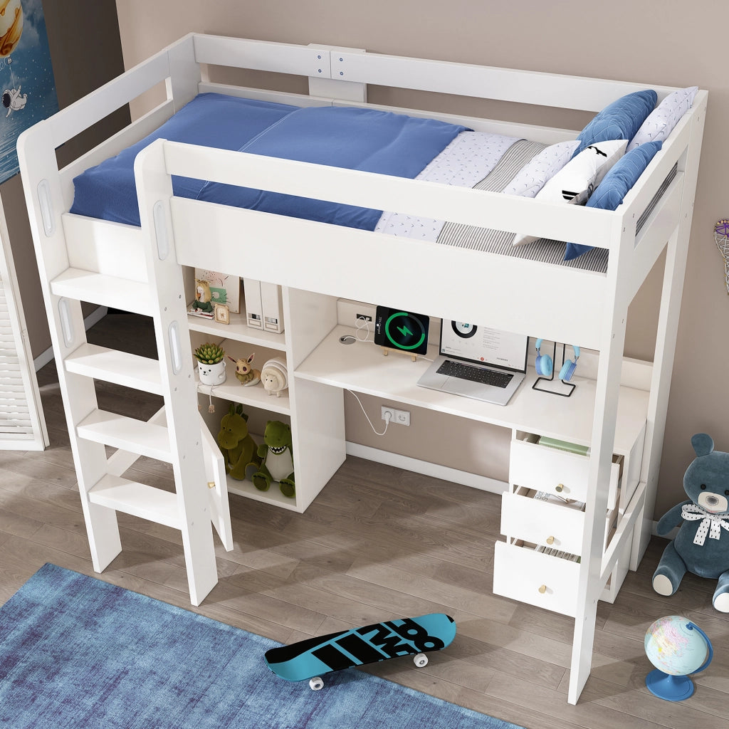 Letto a castello – 90x200 cm – scrivania armadio cassetti – legno bianco