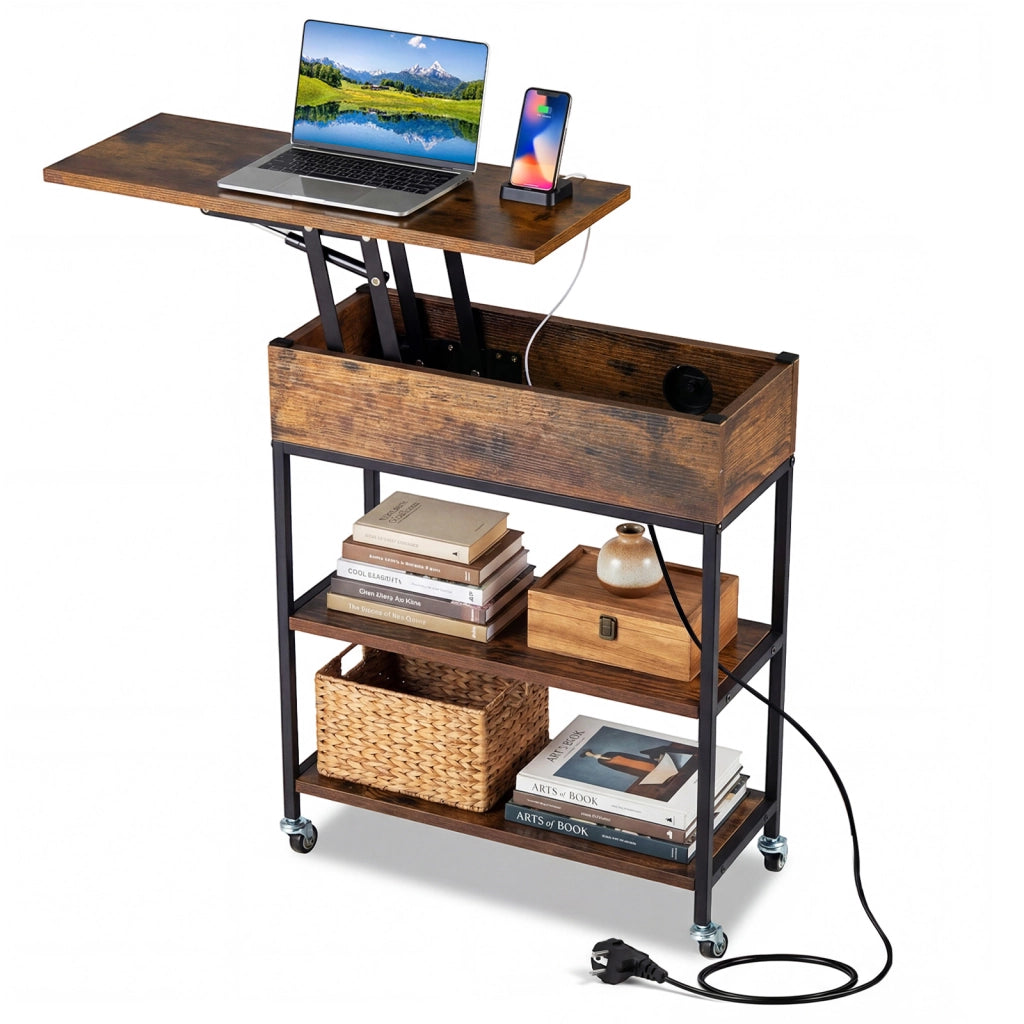 Tavolino piano sollevabile stazione ricarica laterale mobile ruote, Tavolino contenitore nascosto ripiani aperti comodino camera letto soggiorno