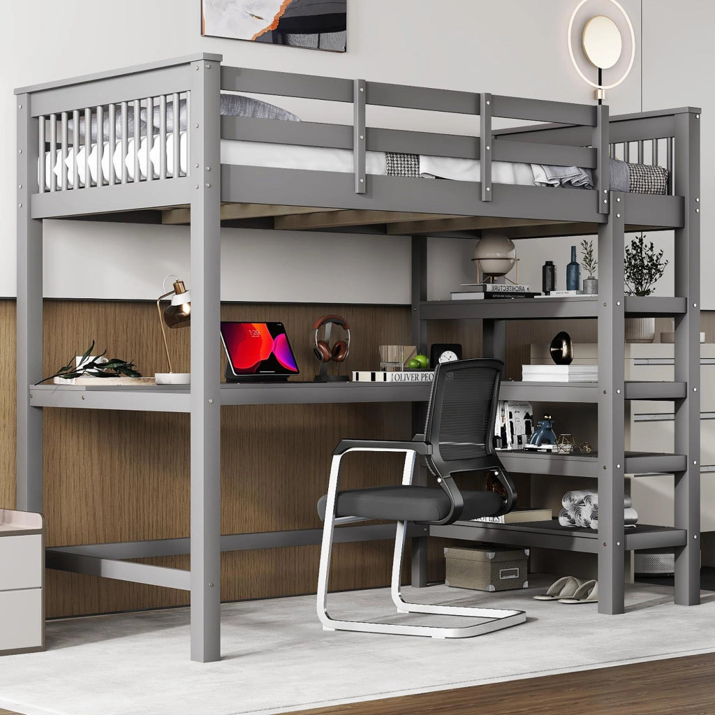 Letto a castello grigio con scrivania e scomparti in pino 90x200 cm