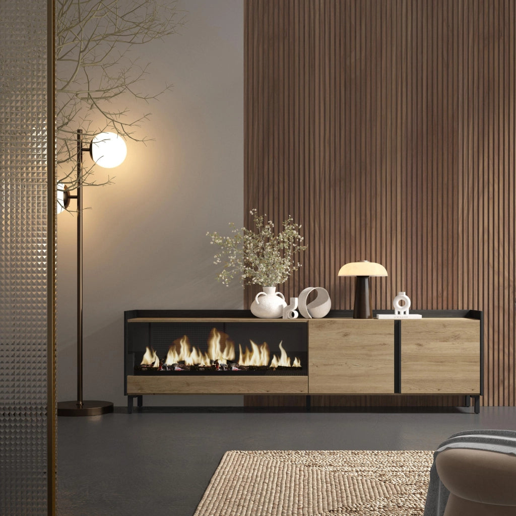 Mobile TV Soggiorno, 212x61x35 cm, Per TV fino a 80", Camino elettrico XXL, Design industriale, Rovere e nero