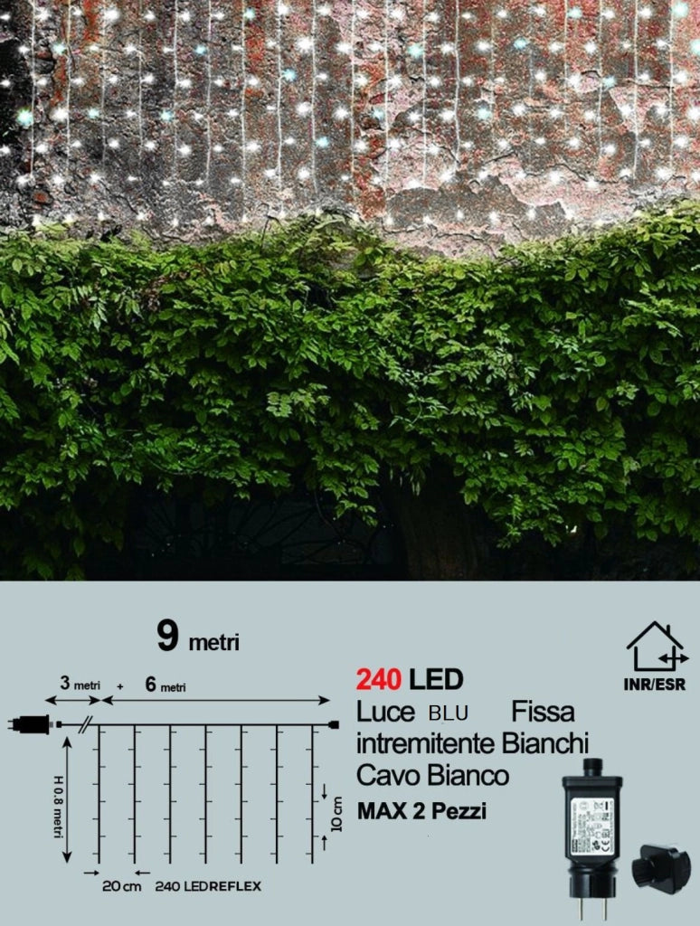 Tenda Luminosa con 240 LED lineare misura 6 metri larghezza e 0,80 cm discesa Natale Luce Blu fissa e Flash Bianco Freddo luci natalizie da esterno