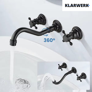 JULIAN | Rubinetto da bagno vintage a 3 fori a parete nero opaco | in acciaio inossidabile retrò da cucina | Antico miscelatore a parete a 2 maniglie