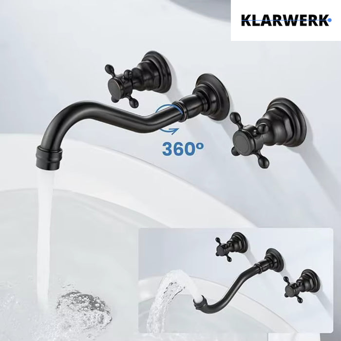 JULIAN | Rubinetto da bagno vintage a 3 fori a parete nero opaco | in acciaio inossidabile retrò da cucina | Antico miscelatore a parete a 2 maniglie