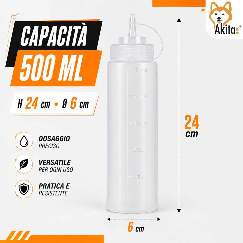 Akitaink Set 4 Bottiglie Squeeze per Salse 500 ml Dosatrici