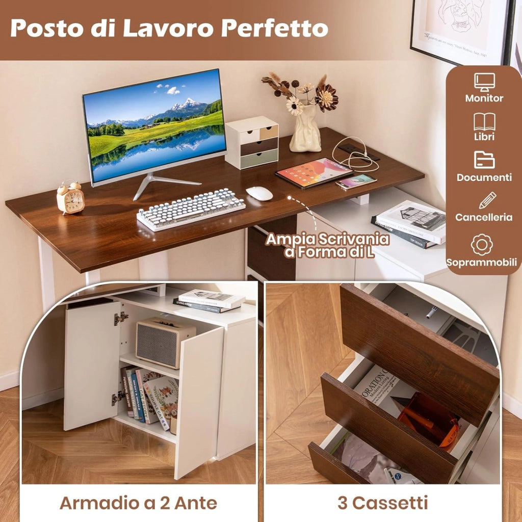Scrivania Angolare a Forma di L con Presa di Corrente, Scrivania ad Angolo Salvaspazio e Reversibile con 3 Cassetti, Stazione da Lavoro per Ufficio a Casa (Marrone e Bianco)