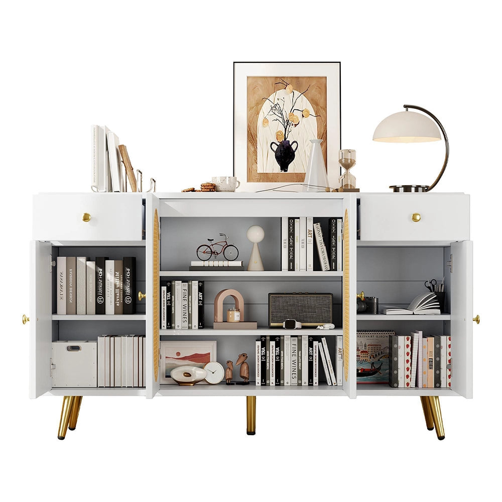 Commode buffet con 2 cassetti e 4 ante - Xylo - Bianco e toni naturali, L140xP35xH82 cm