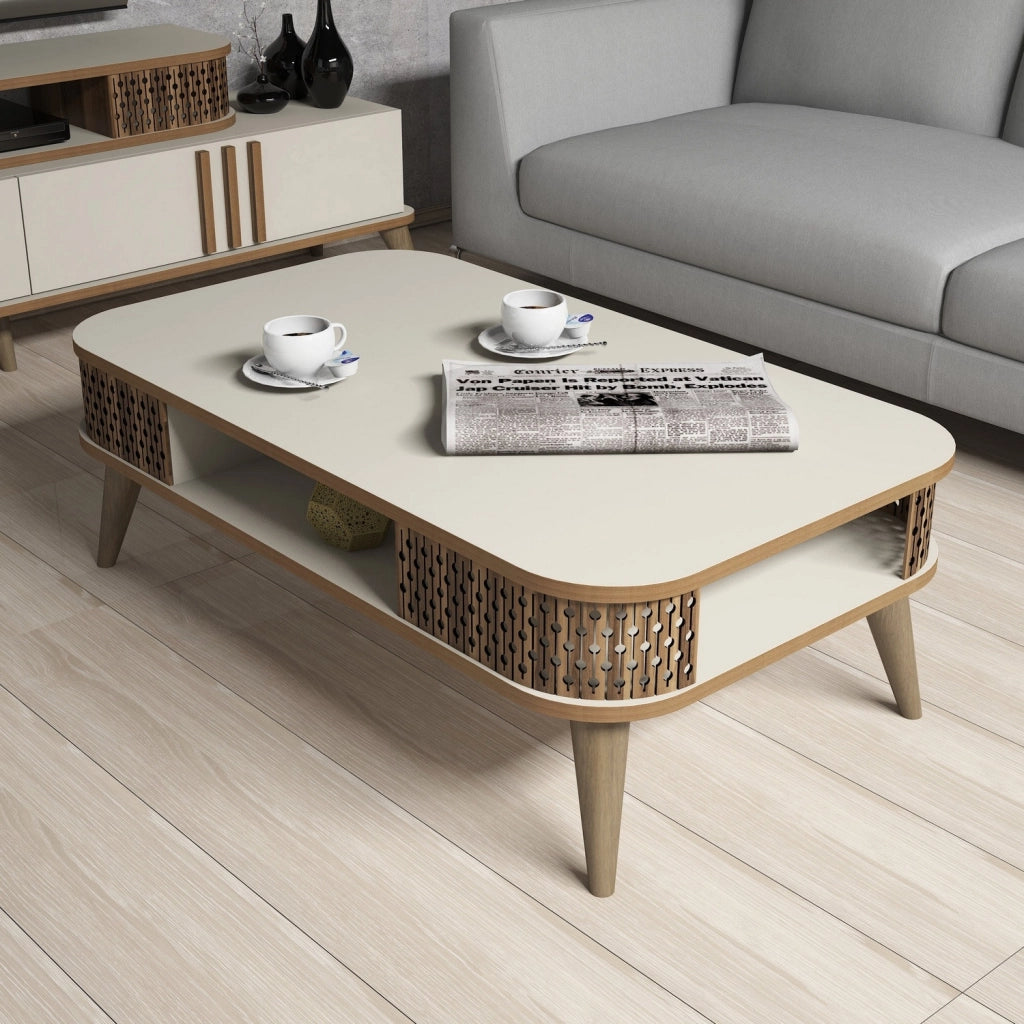 Tavolino da caffè in legno "Eylül" - 105 x 60 x 34 cm - Crema