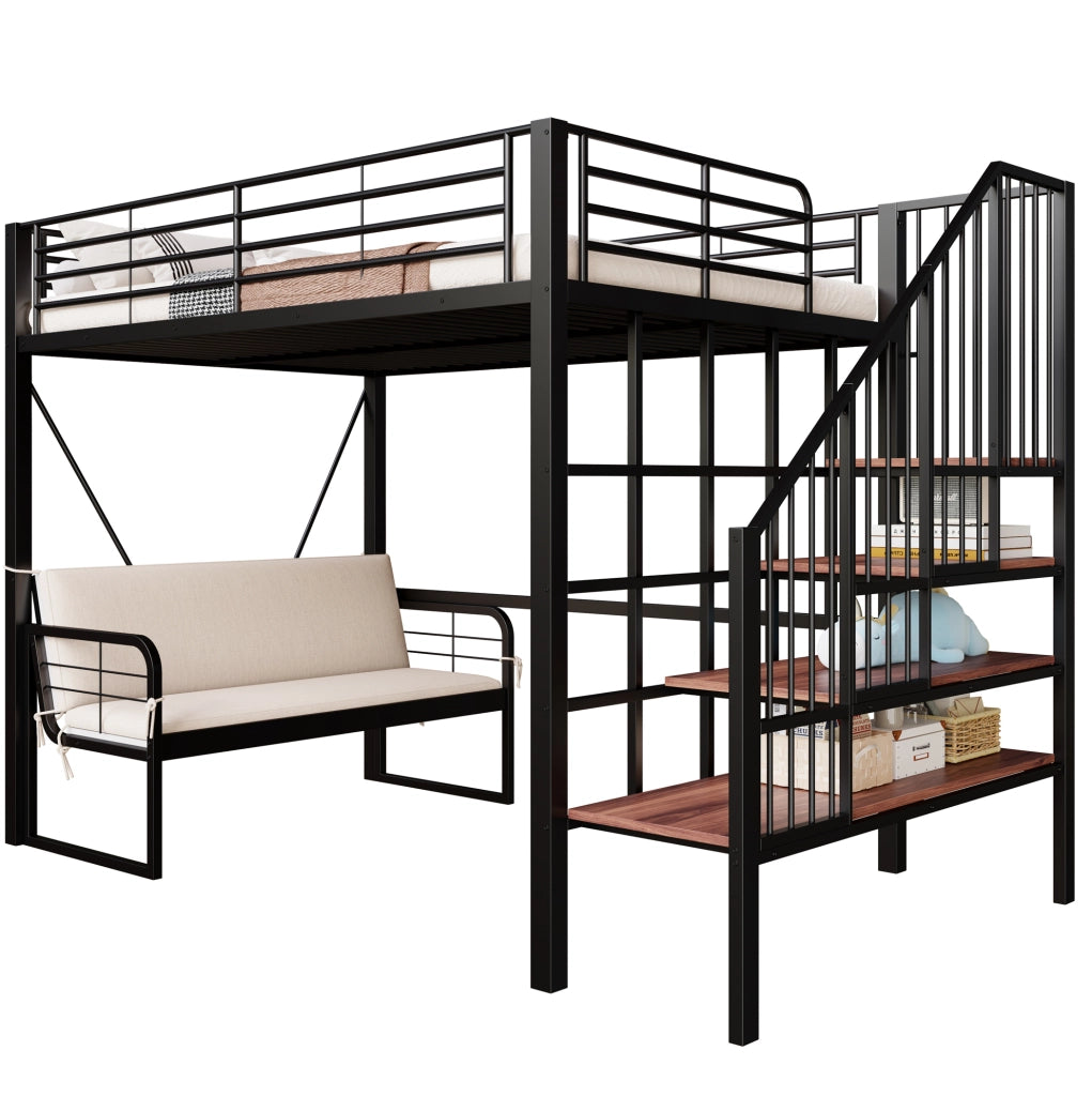 Letto a castello 140x200 cm in metallo e MDF con divano imbottito rimovibile; scala contenitore; nero