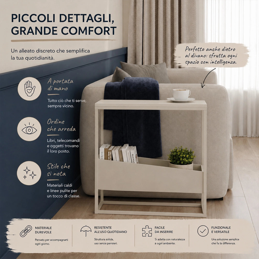 Tavolino Laterale Divano a 2 Ripiani Tavolo Multiuso Bianco e Sabbia 60x22x62cm