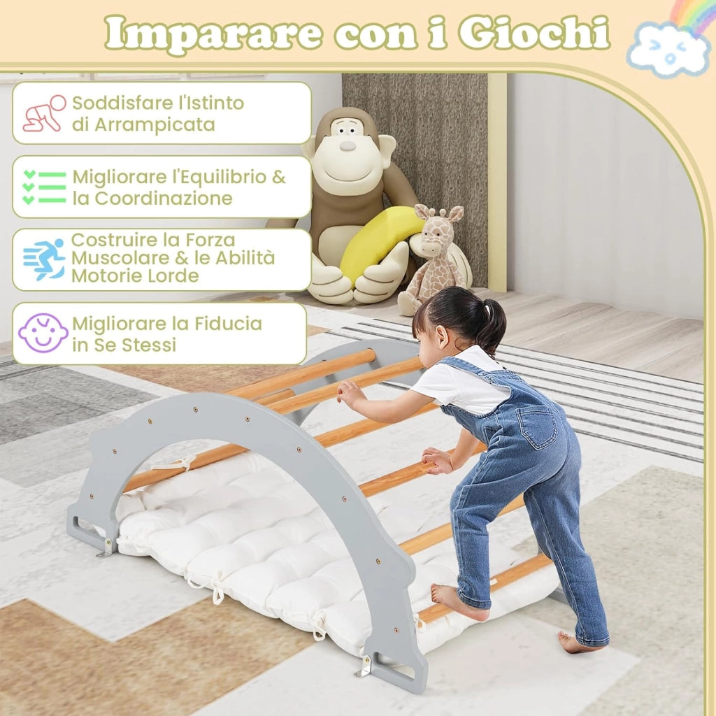 Arco da Arrampicata per Bambini, 2 in 1 Altalena ad Arco in Legno con Cuscino Morbido e Doppia Faccia, Ideale per Bambini 1+ Anni (Grigio)