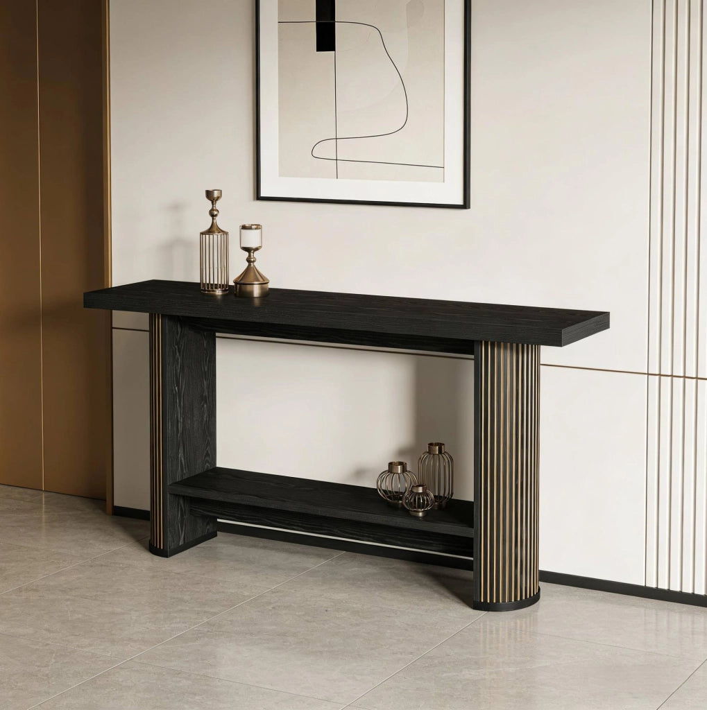 Tavolo consolle moderno in legno nero dal design stretto