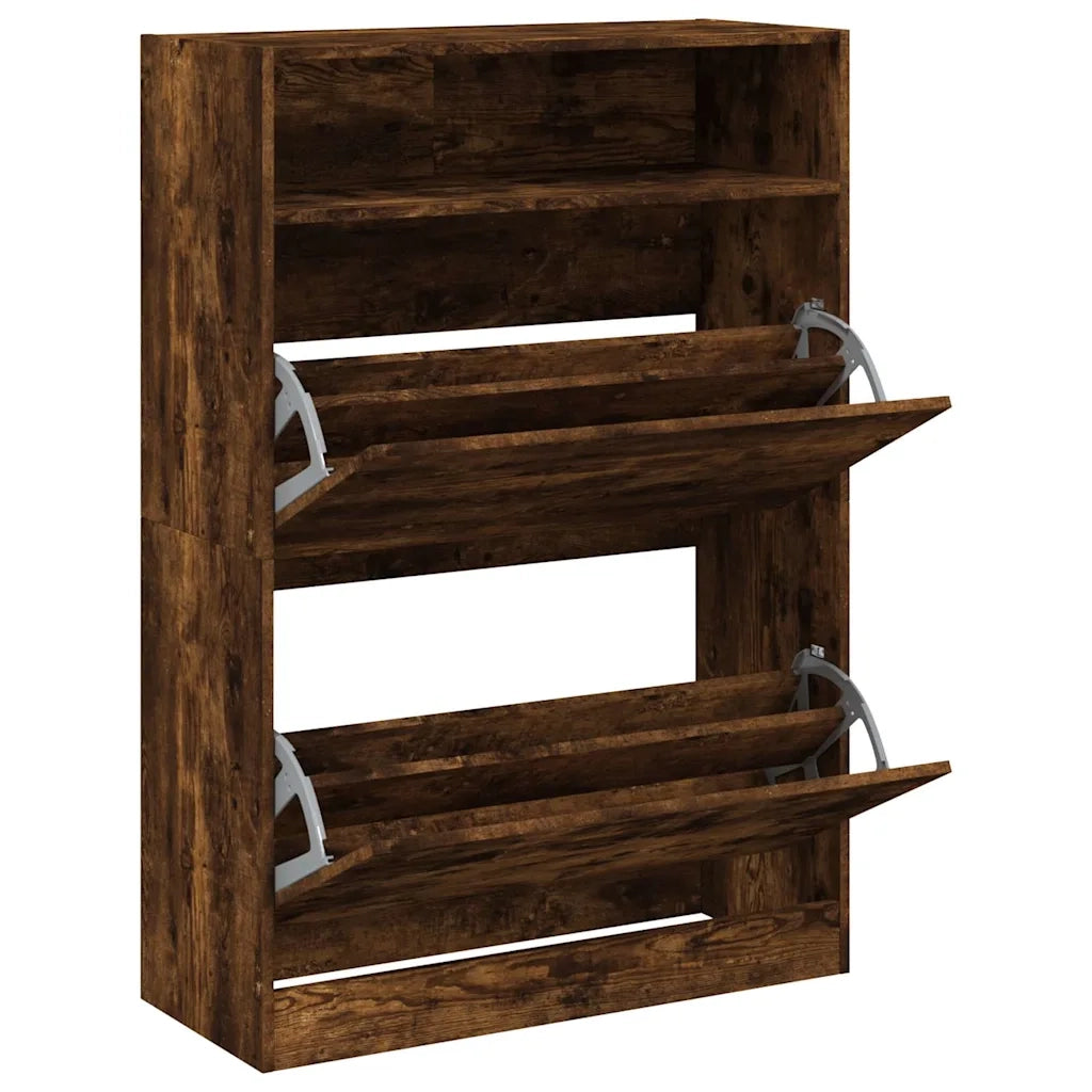 Scarpiera con 2 Cassetti Ribaltabili-Scaffale per scarpe Rovere Fumo 80x34x116 cm