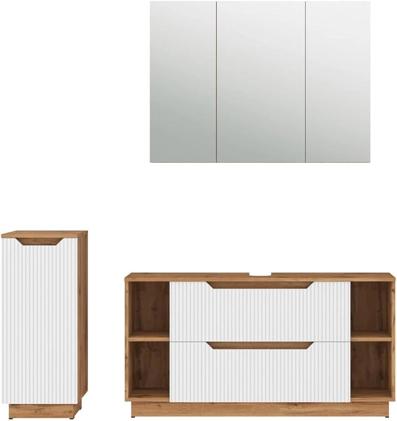 Set di mobili da bagno Lotta, Rovere/bianco a strisce, 3 parti