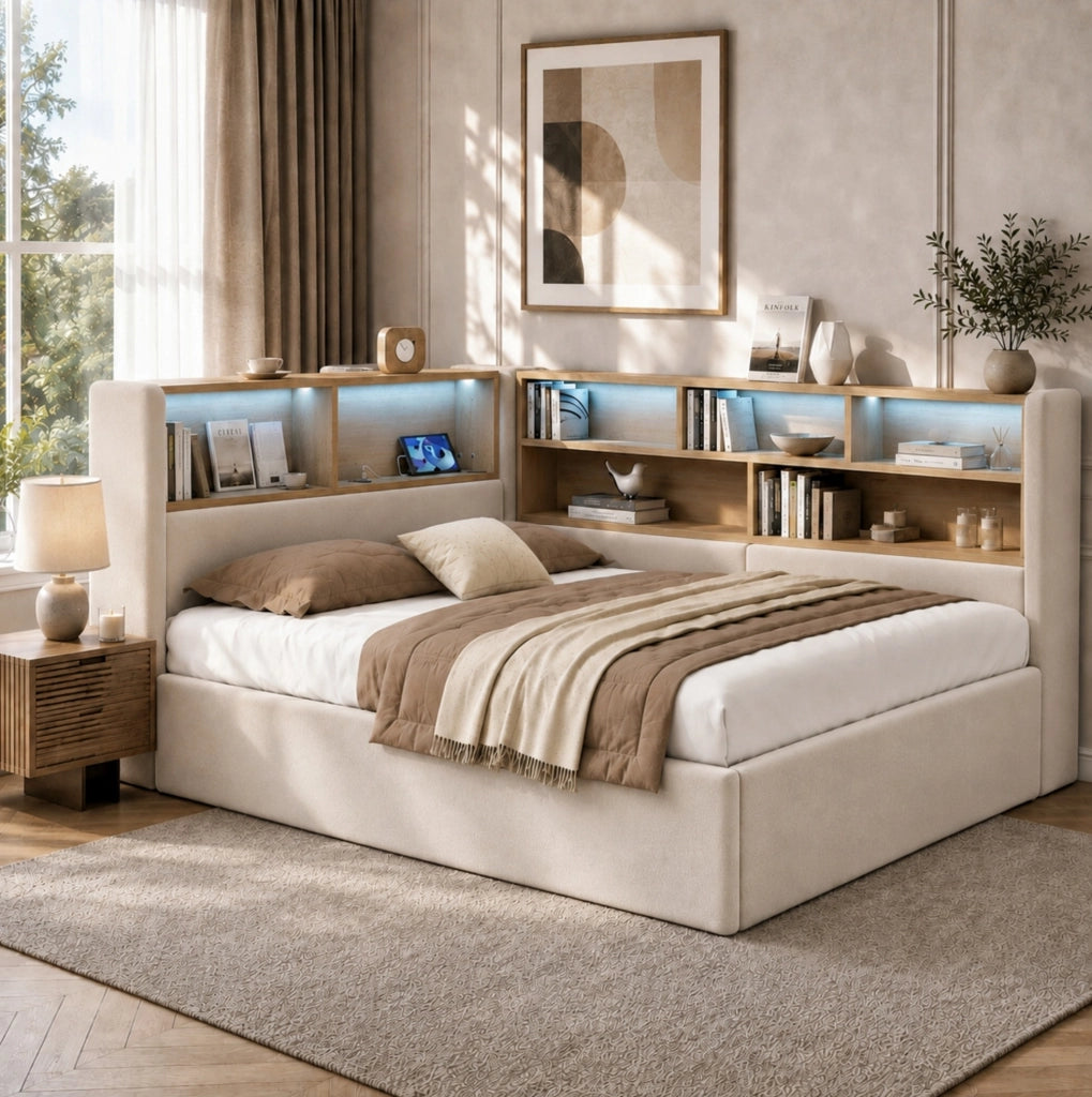 LETTO 140x200 cm Contenitore Idraulico in Velluto Beige con LED, USB e Type-C