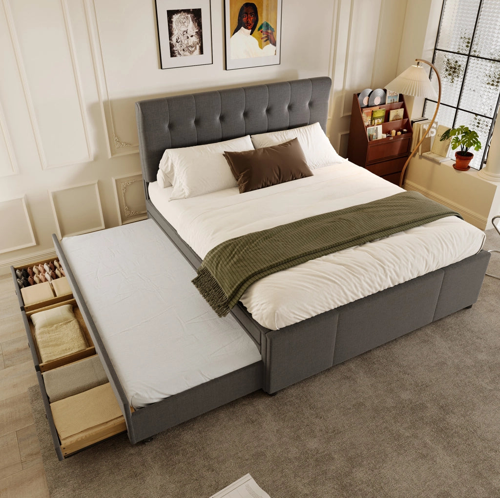 Letto imbottito 140x200 cm; estraibile con 3 cassetti; testiera regolabile; lino; grigio (Senza materasso)