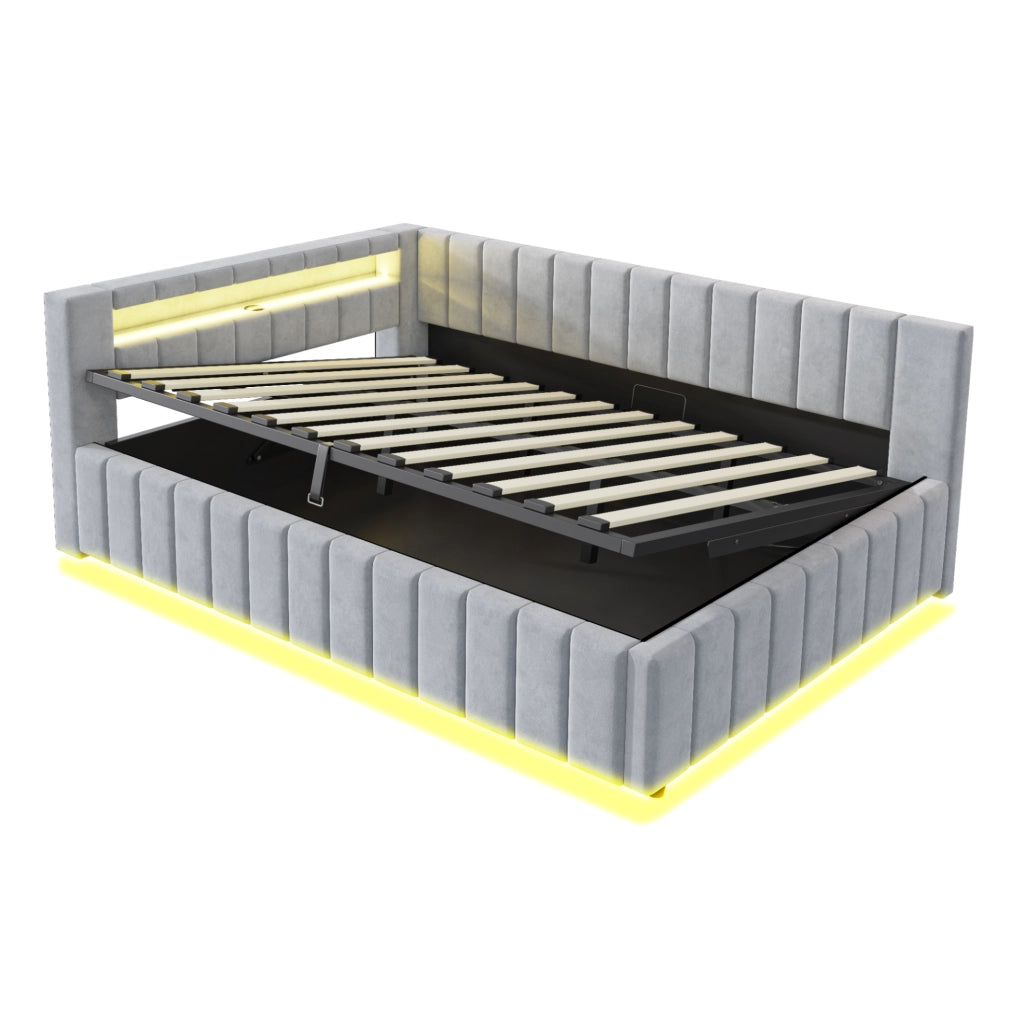 Letto imbottito 140x200 cm con contenitore idraulico; LED e USB; velluto grigio