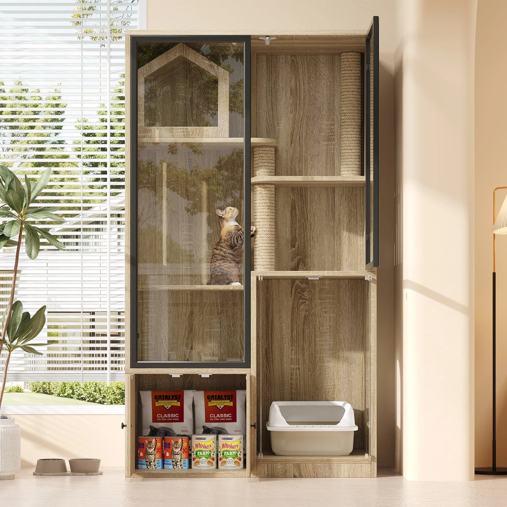 Mobile per gatti a 4 livelli in vetro e legno 90x50x160 cm
